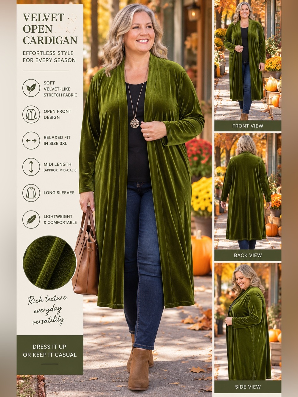 Plus size Olive Green Velvet Open Cardigan 3XL LONG